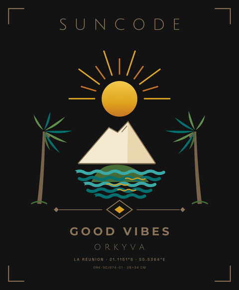 Motif SUNCODE présenté sur fond noir : soleil, relief, océan et palmiers